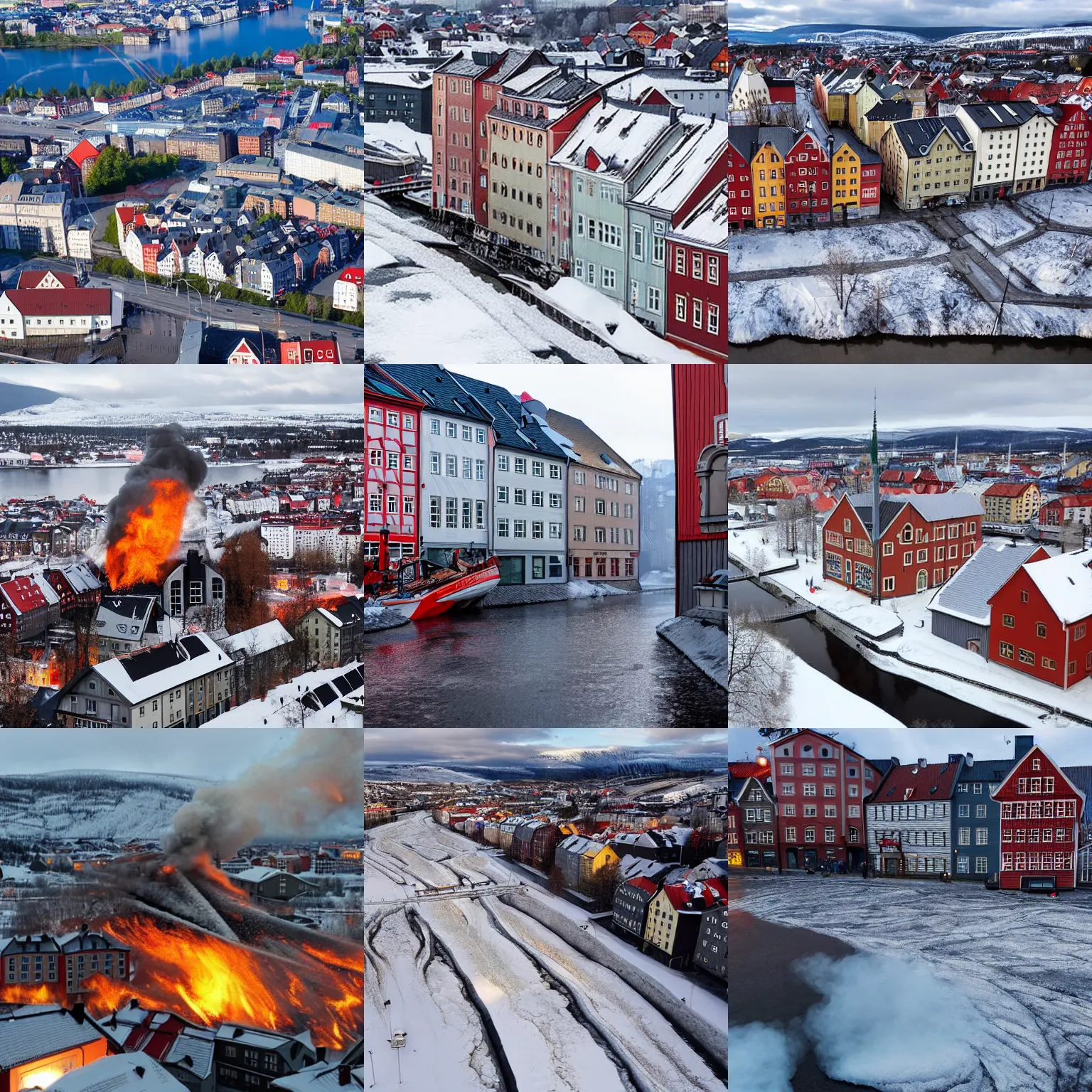 Prompt: trondheim is on fire, but the fire is ice and the city is sinking and cracking