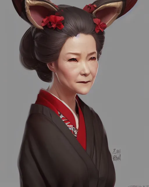 Image similar to Ssunbuki as an older woman with fox ears and a red kimono, visualartzi, Japanese, concept art by Karla Ortiz, James Paick, Charlie Bowater, Krenz Cushart, highly detailed, ultra detailed, ultra realistic, trending on artstation, cgstudio