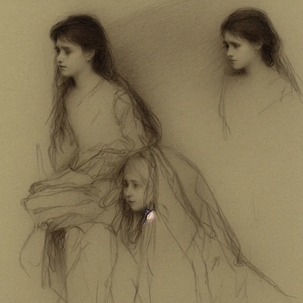 Image similar to a lonely girl by ilya repin. pencil sketch.