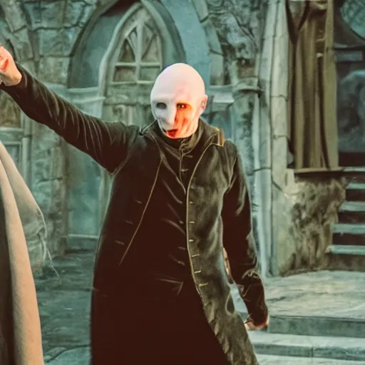 Image similar to vlodymyr zielinski as voldemort tormenting harry potter and friends