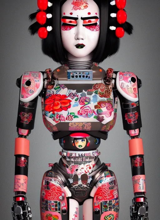 Image similar to full body photo of a punk geisha robot with kanji tattoos and decals wearing a digital pixelated kimono, intricate design, photo - realistic, octane render, ultra fine detailed, character design, trending on artstation