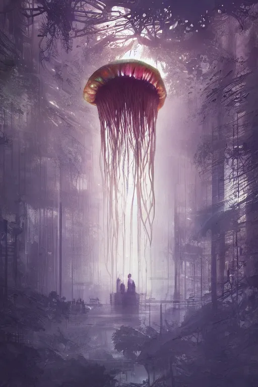 Image similar to A forest city inside of a jellyfish, intricate, elegant, digital painting, trending on Artstation, concept art, smooth, sharp focus, illustration, from Metal Gear by Ruan Jia and Mandy Jurgens and Artgerm and William-Adolphe Bouguerea, award winning