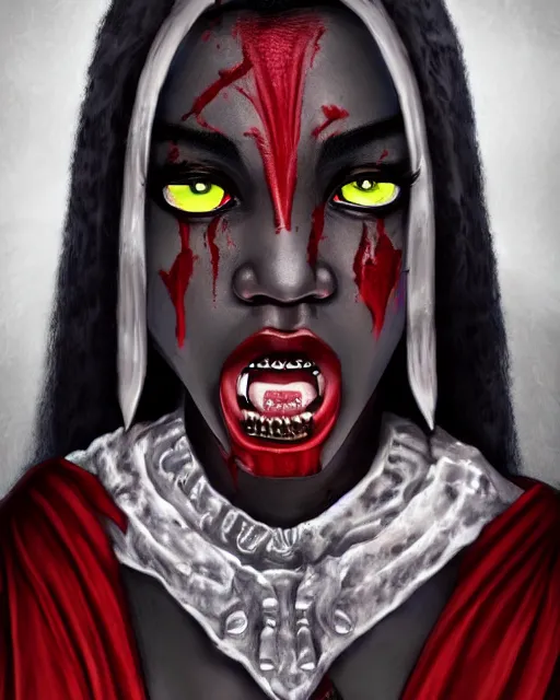 Prompt: beautiful ancient african androgynous demonic vampire girl, portrait, hyperrealistic, bloodstains