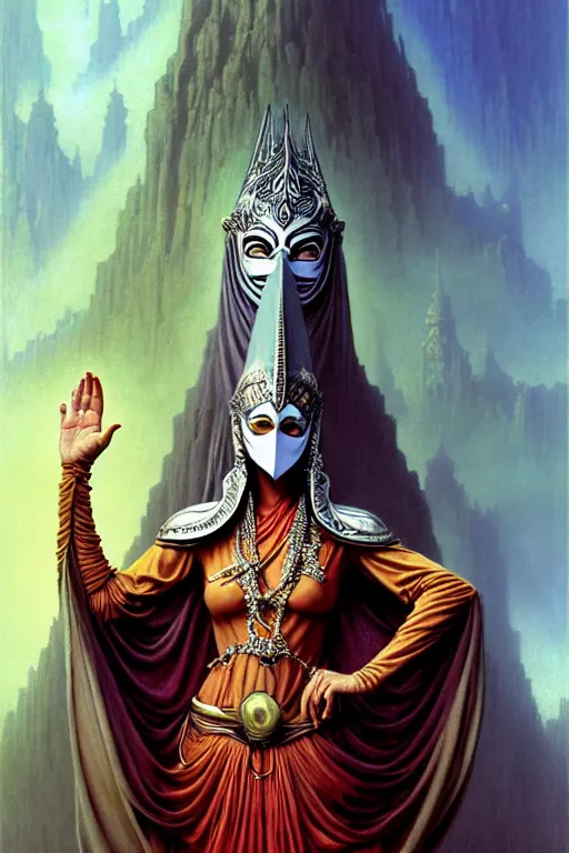 Prompt: soaring woman wearing a big mask with many huge long blades behind head. dressed in a long robe with wide sleeves and making namaste / anjali mudra gesture. fullbody highly detailed portrait, blurred background, concept art, masterpiece, fantasy art, hyperdetailed, hyperrealism, art by hildebrandt, donato giancola, larry elmore, arthur rackham, beksinski