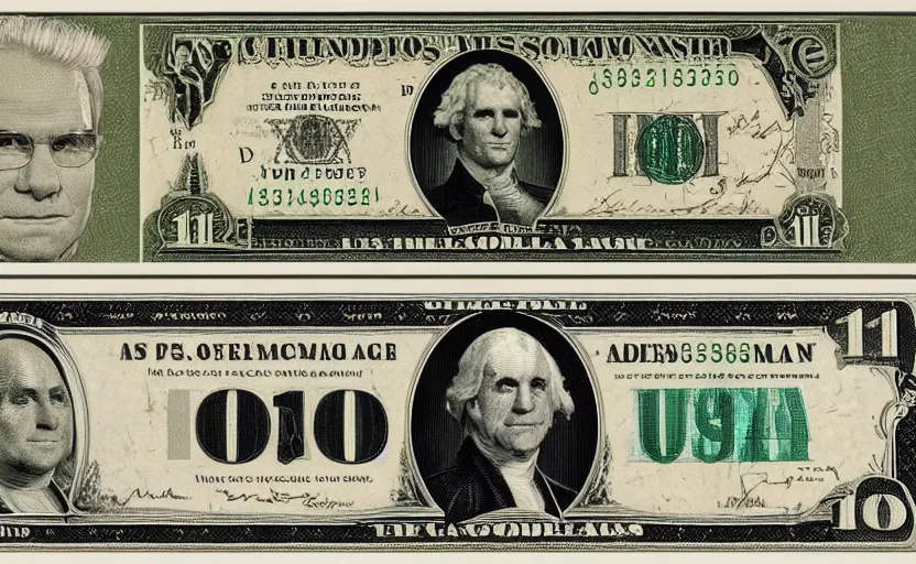 Image similar to rectangular photograph of four dollar u. s. currency note featuring steve martin