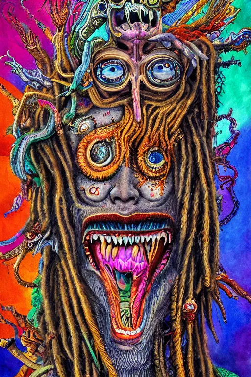 Image similar to a high detailed hyper detailed painting of a spiritual monster with dreadlocks and several eyes, pointy teeth and colorful skin with scales and strange textures, surreal psychedelic cosmic horror