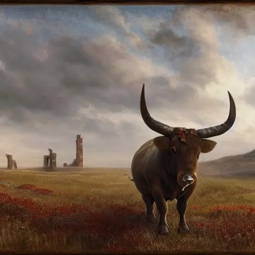 Image similar to a medium shot of a giant bull with horns decorated!!! with bells and ribbons, background is the ruins, in the steppe, autumn field, misty background, from the game pathologic 2, highly detailed, sharp focus, matte painting, by rosa bonheur, by isaac levitan and asher brown durand,