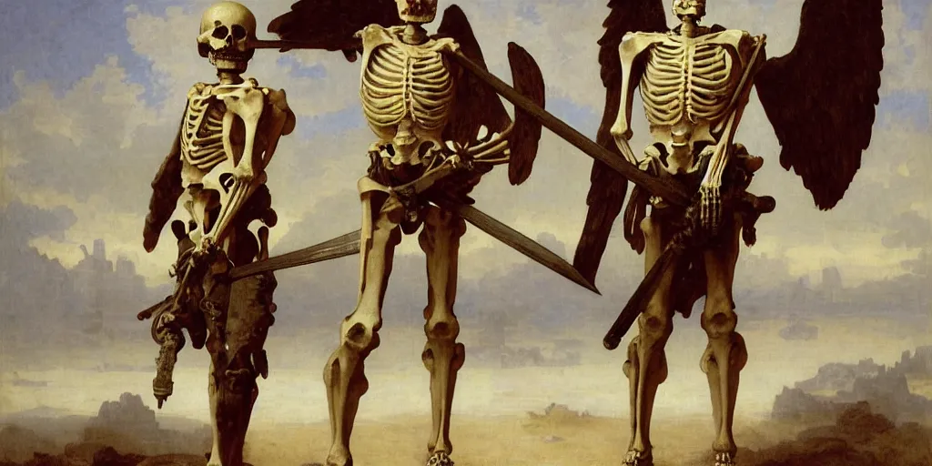 Image similar to portrait of a skeleton soldiers in the middle world, wearing helmets with wings, wearing european style armor, holding a sword in both hands, symmetrical, solemn, sacred, aura, by bouguereau