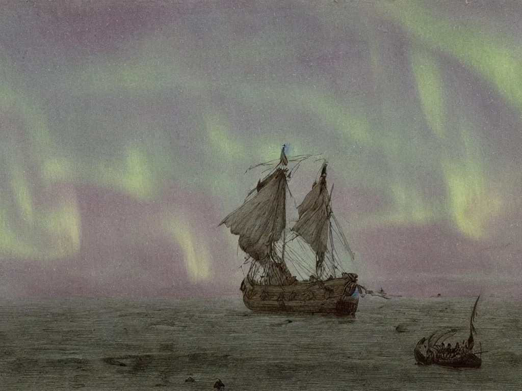 Prompt: Viking longship in the sea with northern lights above in the art style of Theodor Kittelsen