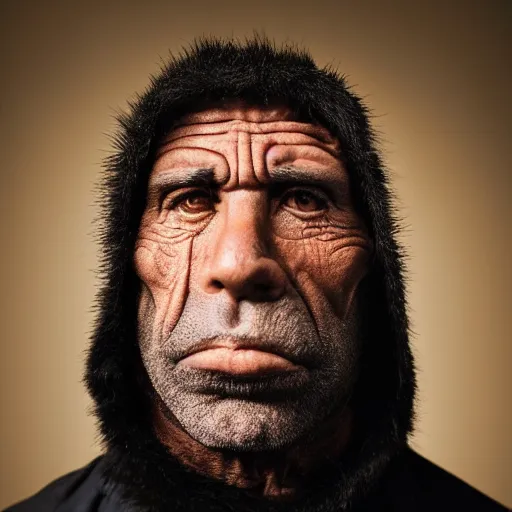 Prompt: Photo portrait Joe Rogan as a wax neanderthal cave man exaggerated brow wrapped in fur cloak screaming like a savage in the natural history museum background dramatic lighting 85mm lens by Steve McCurry