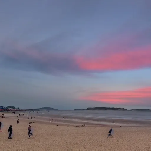 Prompt: weston super mare beach with a black hole in the sky, red sky