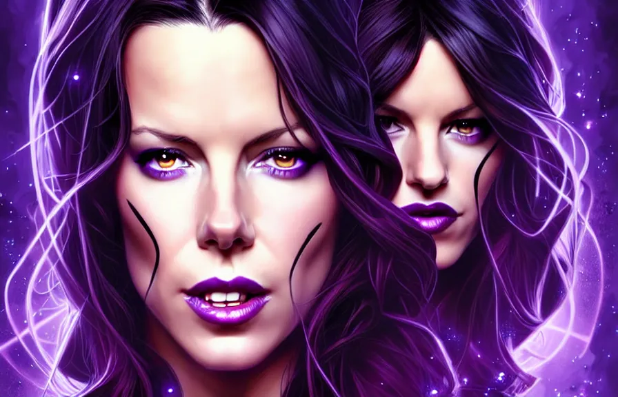 Prompt: kate beckinsdale comic cover art, artgerm, joshua middleton, pretty stella maeve witch doing black magic, serious look, purple dress, symmetrical eyes, symmetrical face, long black hair, full body, twisted evil dark forest in the background, cool colors