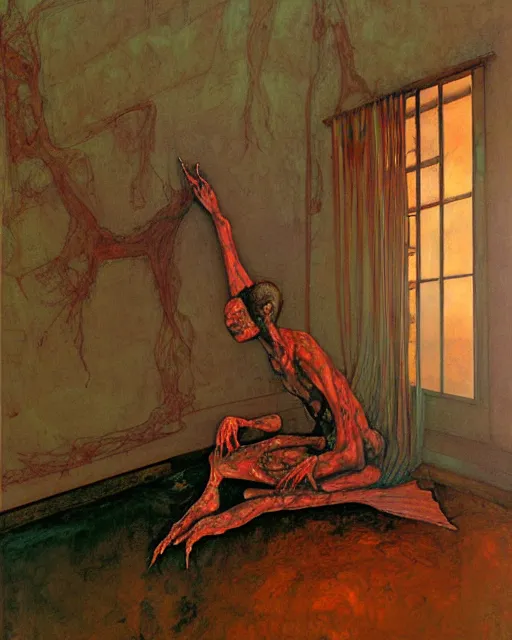 Image similar to oil painting of an old dead figure watching the sun fall from window in a living room in an old apartment, Wayne Barlowe digital art, Beksinski impasto painting, part by Egon Schiele, part by Peter Mohrbacher and Gerhard Richter. art by Francisco Goya and Takato Yamamoto,  Francis Bacon masterpiece