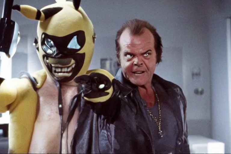 Image similar to Jack Nicholson in costume of Pikachu Terminator, scene where his endoskeleton gets exposed, still from the film