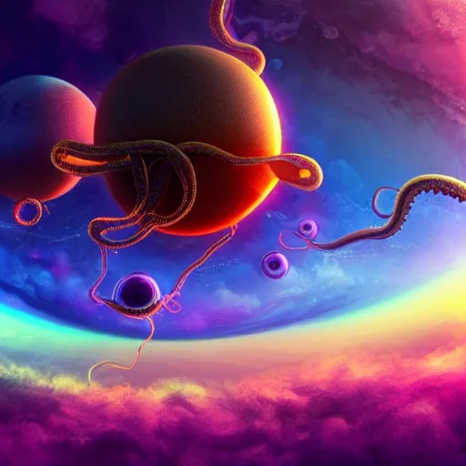 Image similar to large, floating creatures with multiple eyes and long, dangling tentacles float in the atmosphere of a gas giant, surrounded by orange, pink, and purple clouds, ultra detailed, alien worlds, colorful clouds, 3 d render, trending on artstation