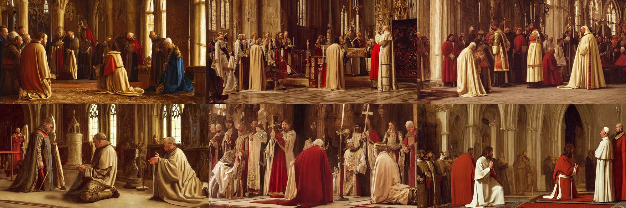 Prompt: painting of a medieval king kneeling before the pope, in a church. medium shot, by morgan weistling