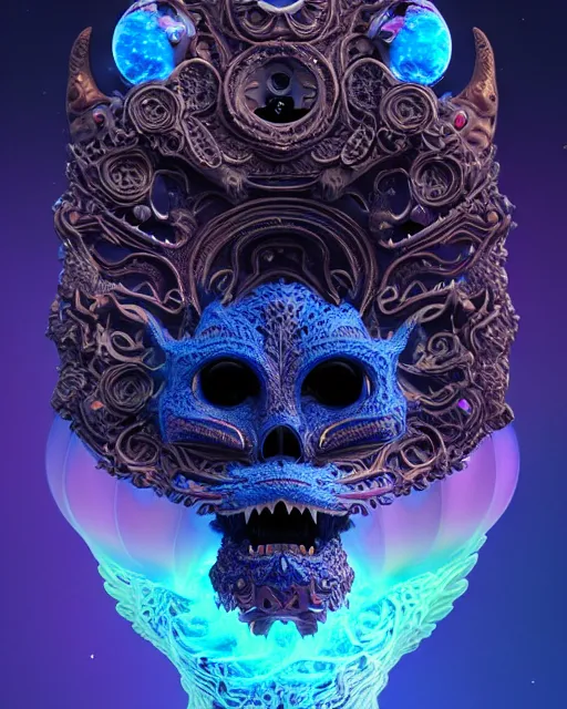 Prompt: 3 d ornate carved dark cosmic kitty with profile portrait, sigma 5 0 0 mm f / 5. beautiful intricate highly detailed quetzalcoatl skull. bioluminescent, plasma, lava, ice, water, wind, creature, thunderstorm! artwork by tooth wu and wlop and beeple and greg rutkowski, 8 k trending on artstation