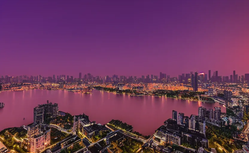 Image similar to a photo of wuhan, river, sunset, purple sky, cinematic, 8 k, highly - detailed