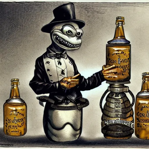 Image similar to a grinning anthropomorphic snake selling bottles of medicine, fantasy, steampunk, hr giger