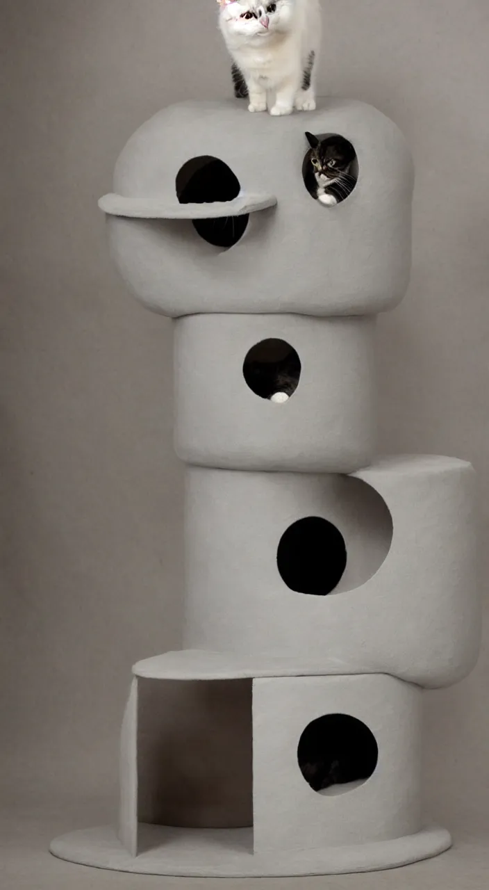 Prompt: a cat tower in the shape of a womb in the style of Le corbusier ,