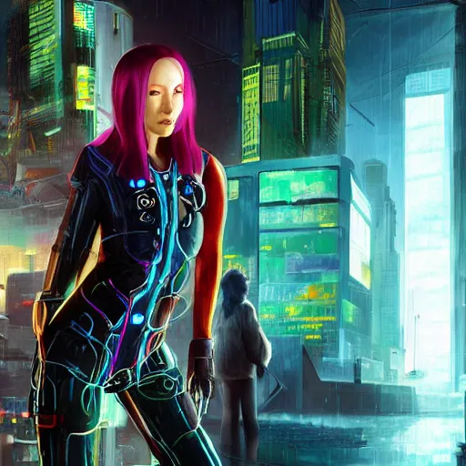 Image similar to pom klementieff as a cybernetic cyberpunk dream thief, painted by howard david johnson and james gurney