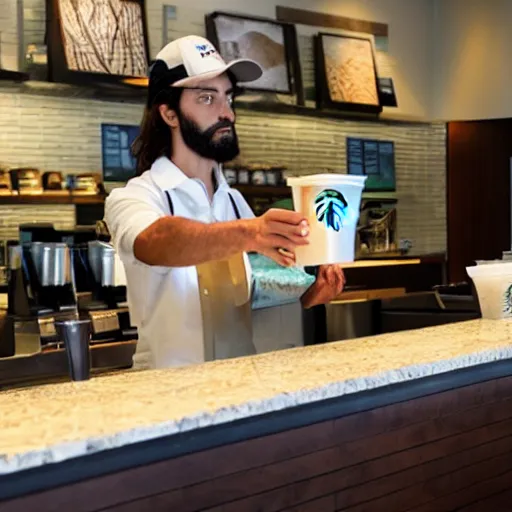 Prompt: jesus working at starbucks behind the counter