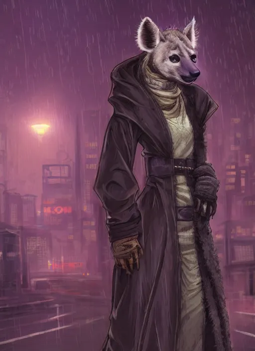 Prompt: character portrait of a female anthro hyena fursona with a cute beautiful attractive furry face and long black curly hair wearing jedi robes in a cyberpunk city at night while it rains. hidari, color page, tankoban, 4K, tone mapping, Akihiko Yoshida.