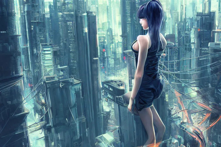 Prompt: a beautiful picture of a girl standing on top of a bridge over a city, cyberpunk art by vincent lefevre,