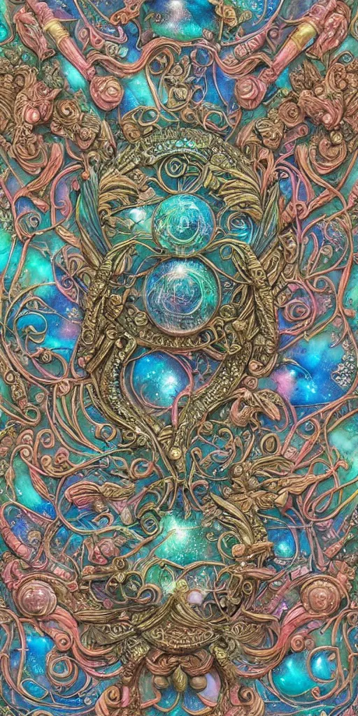 Image similar to intricate colourfully painted carved Soapstone relief paneling, iridescent, pearl and pale blue toned, celestial, cosmos, galaxies, planets, divinity, moon goddess, mother earth, Earth Goddess mythology, Gaia, angels, dream atmosphere, bright colors, vivid colors, Ghostly, crystaline celtic, insanly detailed , artstation, wallpaper, hyper realistic, realistic lighting