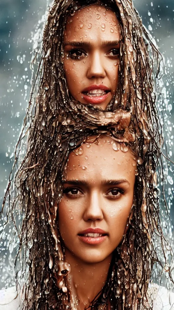 Image similar to Jessica Alba up close soaking wet. wet hair, raindrops on face and body, uhd, photorealistic, octane,