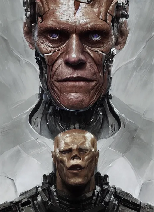 Prompt: portrait of willem dafoe as victor stone, cyborg, borg, strogg, face of a man, terminator, flesh, quake strogg, doom demon, wolfenstein, monstrous, symmetry, symmetrical, concept art by ruan jia and greg rutkowski