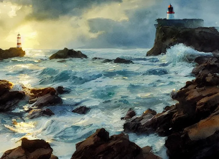 Prompt: abstract watercolor painting of wild wavy ocean, oak trees, rocky shore, sunshine, bold lighthouse in horizon, art by anders zorn, wonderful masterpiece by greg rutkowski, beautiful cinematic light, american romanticism by greg manchess, creation by tyler edlin