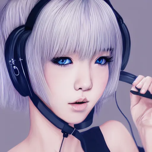 Image similar to realistic teasing detailed semirealism beautiful gorgeous cute Blackpink Lalisa Manoban white hair white cat ears blue eyes, wearing black camisole outfit, headphones, black leather choker full HD 4K high resolution quality WLOP, Aztodio, Taejune Kim, Guweiz, Pixiv, Instagram, Artstation