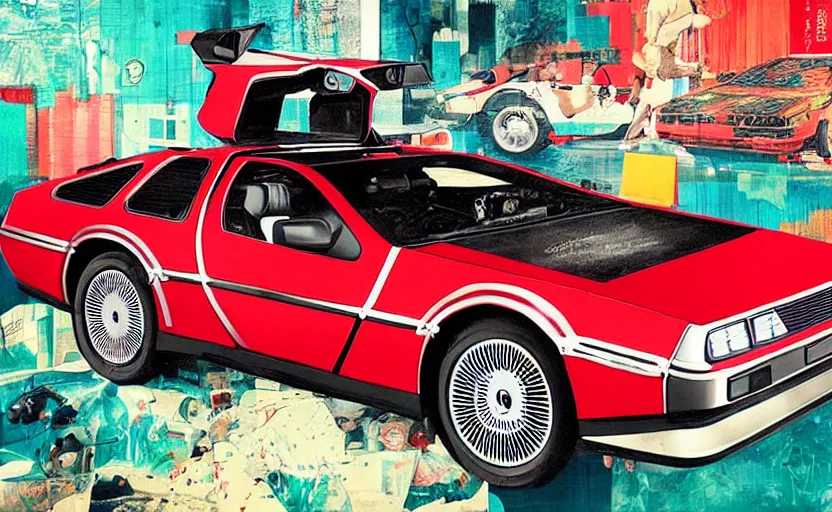 Image similar to a red delorean in ajegunle slum of lagos - nigeria, painting by hsiao - ron cheng & salvador dali, magazine collage & ukiyo - e style, masterpiece.