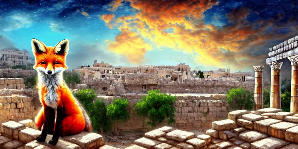 Image similar to a adorable small fox in the huge ruins of the second temple in jerusalem in the distance. the third temple hovers quietly hiding in the dreamy clouds above. a hooded bearded old man in a tunic laughing, colorful 8 k, art station, intricate superb details, digital art, cinematic, bokeh dof sky, a painting by afremov.