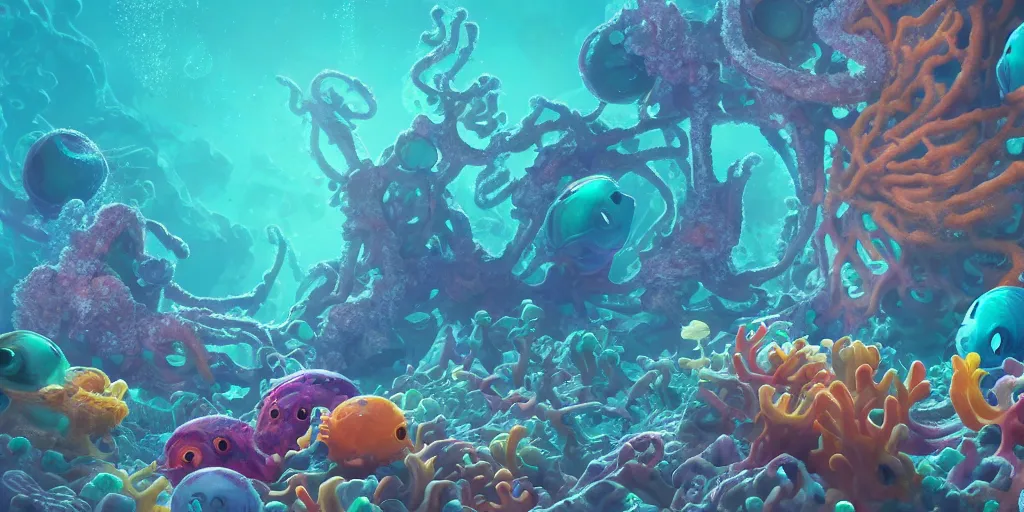 Image similar to of a colorful deep sea under water with strange cute friendly happy creatures with huge eyes, mouth, long tongue and round teeth appearing from sandy coral, in the style of gehry and gaudi, macro lens, shallow depth of field, ultra detailed, digital painting, trending artstation, concept art, illustration, cinematic lighting, photorealism, epic, octane render