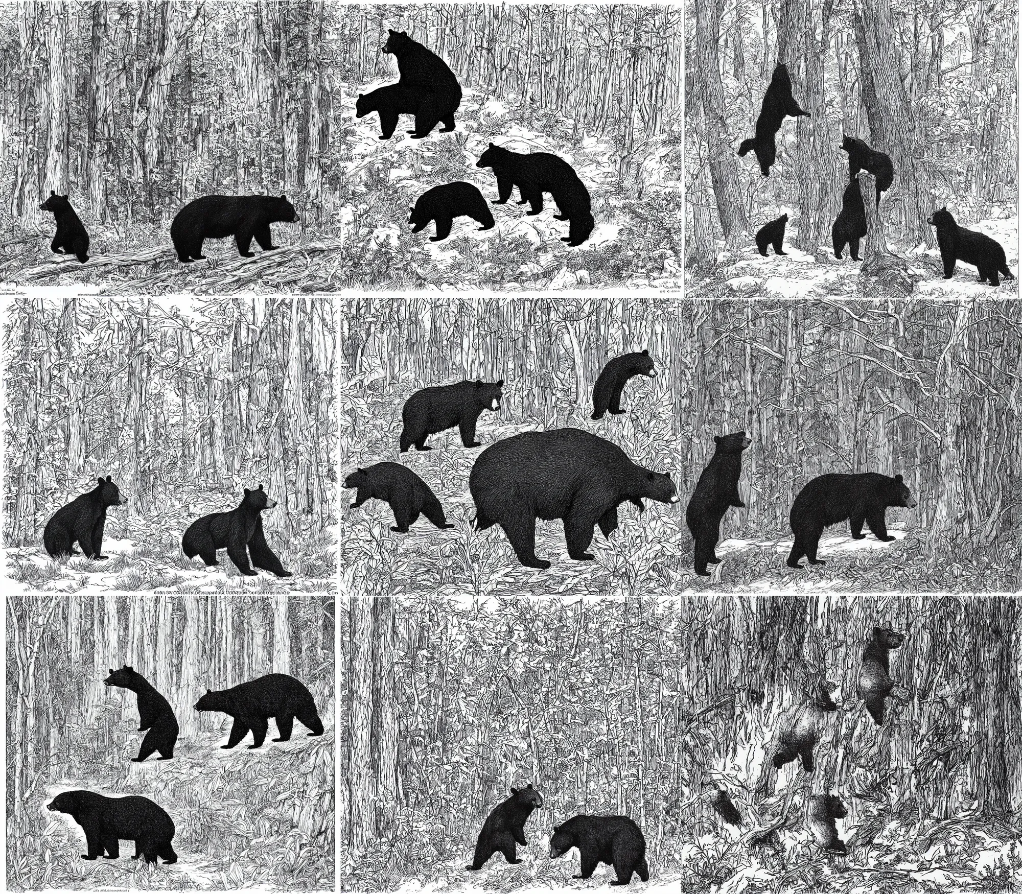 Prompt: one individual black bear in the forest, by Currier and Ives, coloring book page, black and white, pen & ink drawing