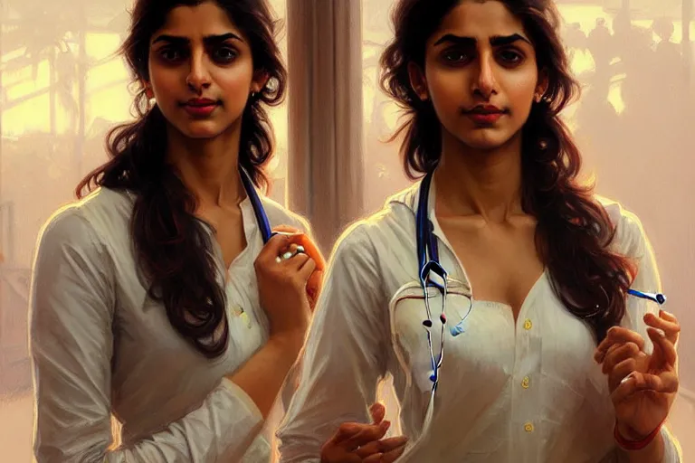 Image similar to Anxious good looking pale young Indian doctors wearing American clothes at the airport, portrait, elegant, intricate, digital painting, artstation, concept art, smooth, sharp focus, illustration, art by artgerm and greg rutkowski and alphonse mucha