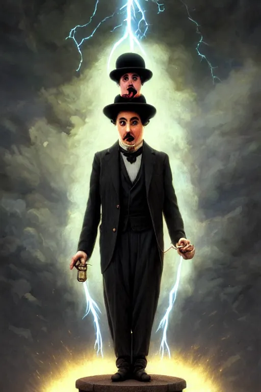 Image similar to highly detailed portrait of charlie chaplin as the god zeus holding thunder, stephen bliss, unreal engine, fantasy art by greg rutkowski, rhads, ferdinand knab, makoto shinkai and lois van baarle, ilya kuvshinov, rossdraws, tom bagshaw, global illumination, radiant light, detailed and intricate environment