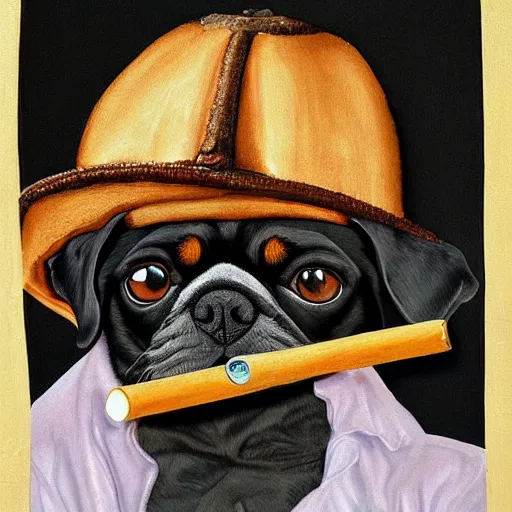 Image similar to portrait of a drunk and high black pugalier smoking a joint, painting, surrealism, extreme detail