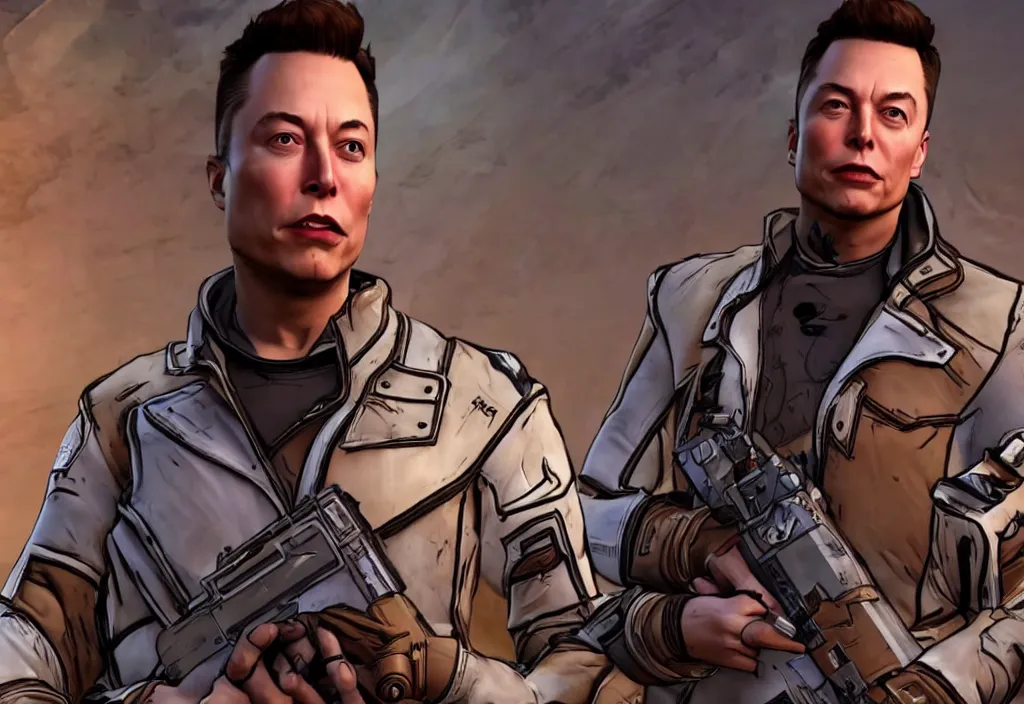 Image similar to elon musk in borderlands elon musk in the video game borderlands, gameplay screenshot, close up, 3 d rendering. unreal engine. amazing likeness. very detailed.