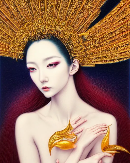 Image similar to portrait of a beautiful goddess, unusual beauty, esoteric, other worldly colors, head in focus, fantasy art, ornamental aesthetics, intricate, elegant, highly detailed hyperrealistic painting, artstation, concept art, painterly, golden ratio, sharp focus, illustration, art by chie yoshii