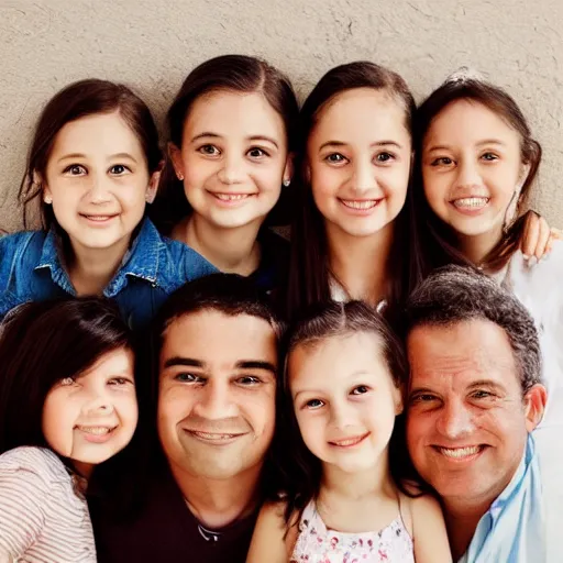 Image similar to photo of a father and his five daughters, very detailed faces, beautiful faces, high quality photograph, instagram