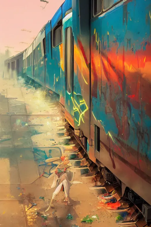 Prompt: trains covered colorful graffiti with paint drip, greg rutkowski, and moebius and loish and artgerm, painterly, illustration, sunset lighting, beautiful artist rendering, gorgeous