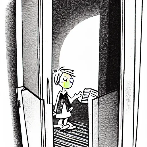 Image similar to storybook illustration of an open wardrobe revealing the entrance to a fantastic world featuring diary of a wimpy kid, storybook illustration, monochromatic