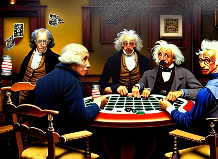 Image similar to isaac newton and stephen hawkins and albert einstein playing poker in an old west saloon, intricate, highly detailed, centered, digital painting, artstation, concept art, smooth, sharp focus, illustration, art by james gurney and norman rockwell and greg rutkowski