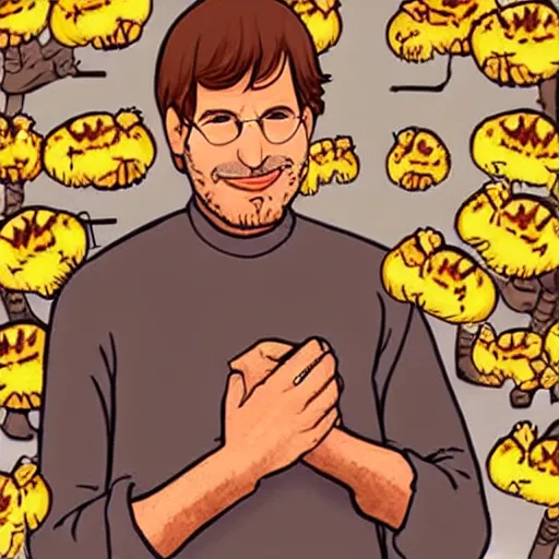 Image similar to steve jobs petting garfield the cat.