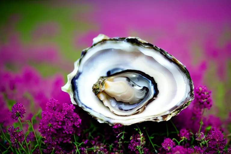 Prompt: a romantic dlsr photoportrait of an oyster in the field of flowers. pastel colors, blurred background. sharp focus on the oyster, 5 0 mm lens, professional light