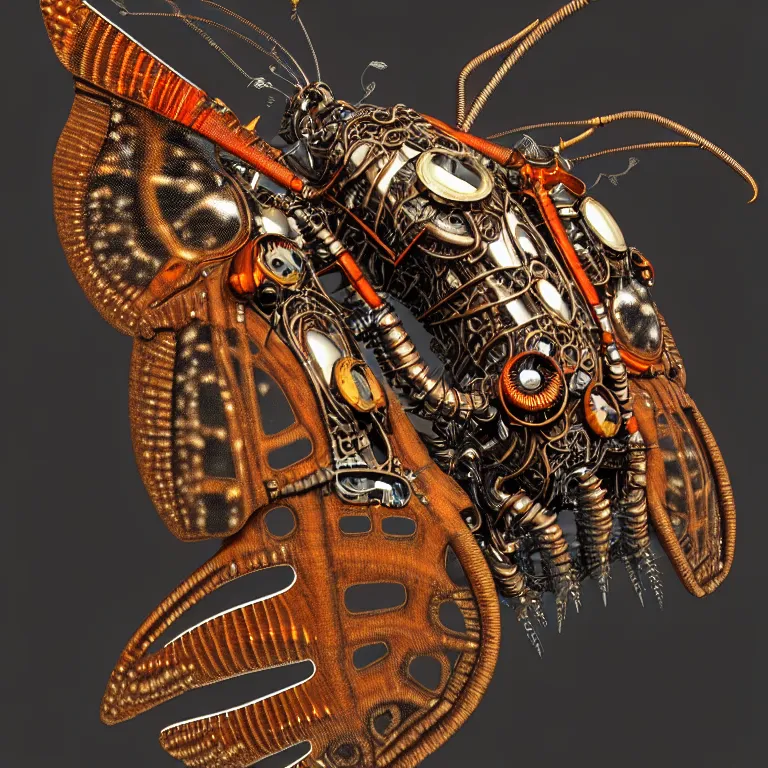 Image similar to steampunk cybernetic biomechanical cecropia moth with wings, 3 d model, very coherent symmetrical artwork, unreal engine realistic render, 8 k, micro detail, intricate, elegant, highly detailed, centered, digital painting, artstation, smooth, sharp focus, illustration, artgerm, tomasz alen kopera, wlop