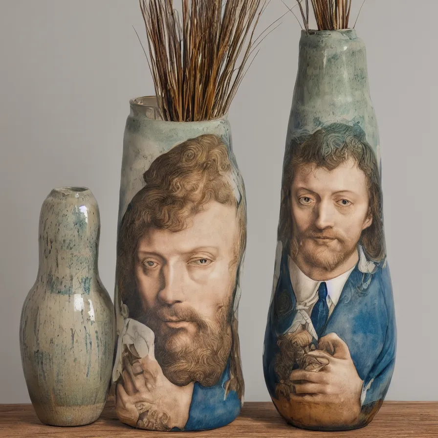 Prompt: beautiful studio photograph of a ceramics display with albrecht durer self portrait painted onto a tall stoneware vase on a wooden table, hyperrealism 8 k trending on artstation